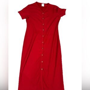 Vintage Red Midi Dress W/ Gold Accent Button Front Sz S Short Sleeve Links Retro